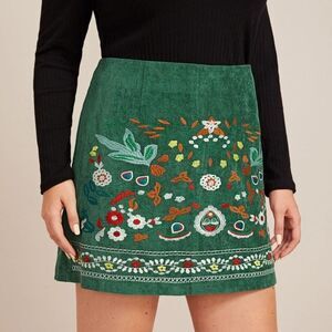Embroidered Corduroy Green Skirt